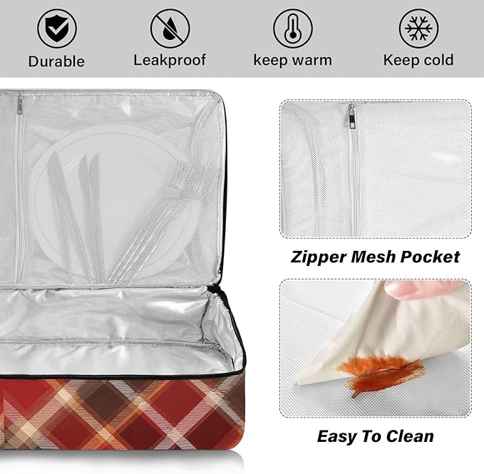 Casserole Carrier Red and Brown Tartan Pattern Insulated Casserole Carrier for Hot or Cold Food Thermal Lunch Tote for Parties Picnic Travel Carry Bag