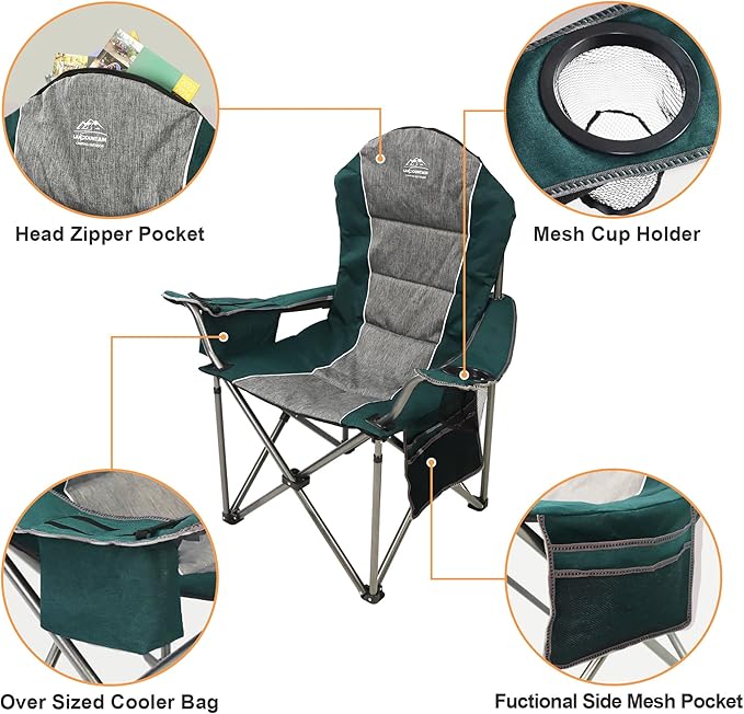 Camping Chairs for AdultsHigh Back Folding Camp Chair with Cup Holder and Cooler BagHeavy Duty Outdoor Lawn ChairsPerfect for CampingHikingPicnicsand Beach TripsDark Green…