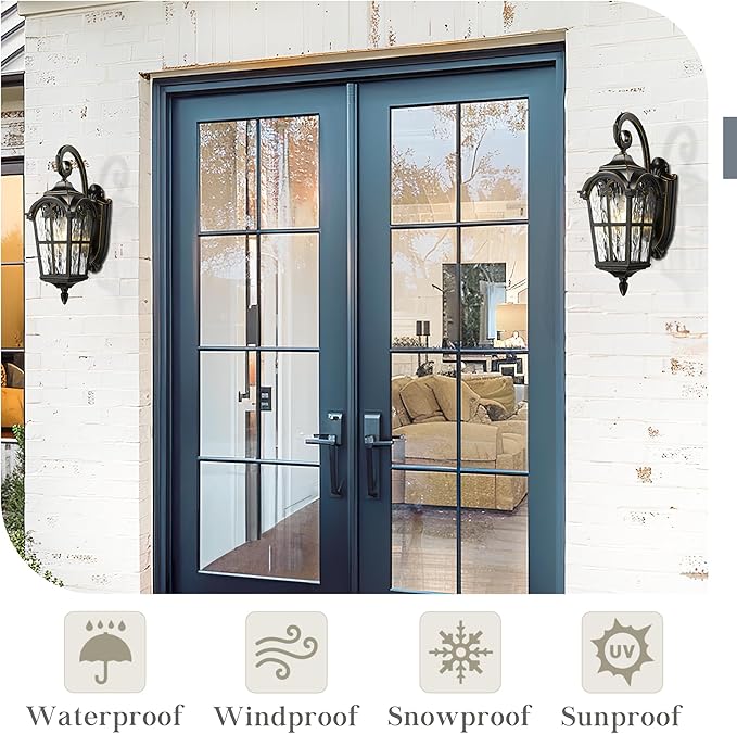 Emliviar Vintage Outdoor Lighting Fixture Wall Sconces with Water Ripple Glass 17.5 Front Porch Wall Lantern Black Finish with Gold Edges WE215B-SW BG