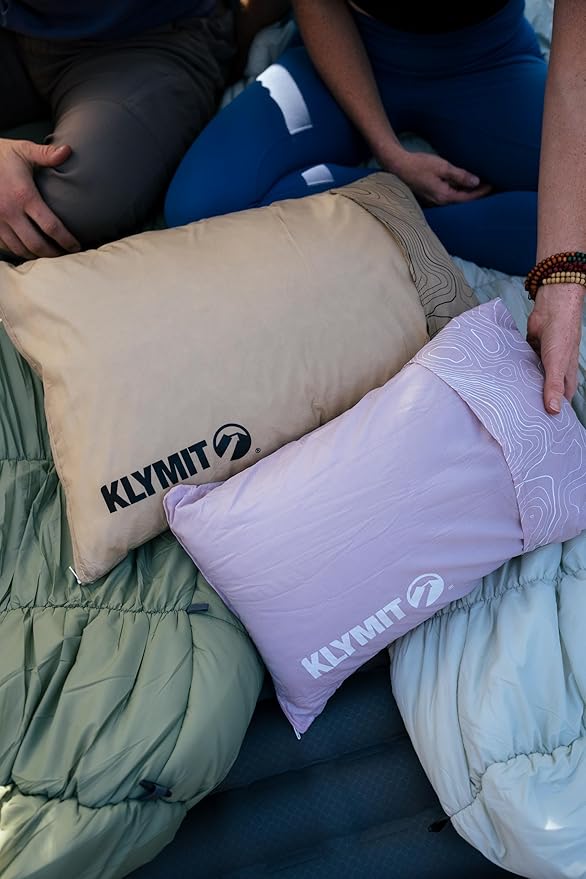 KLYMIT Drift Camping Pillow | Lightweight Travel Head Rest for Sleep Filled with Shredded Memory Foam Reversible Outer Cover for Extended Use Regular Size — Tan