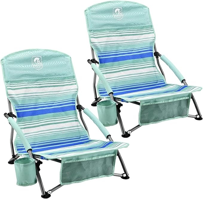 Low Profile Folding Beach Chair 2PK Mint Green Stripes