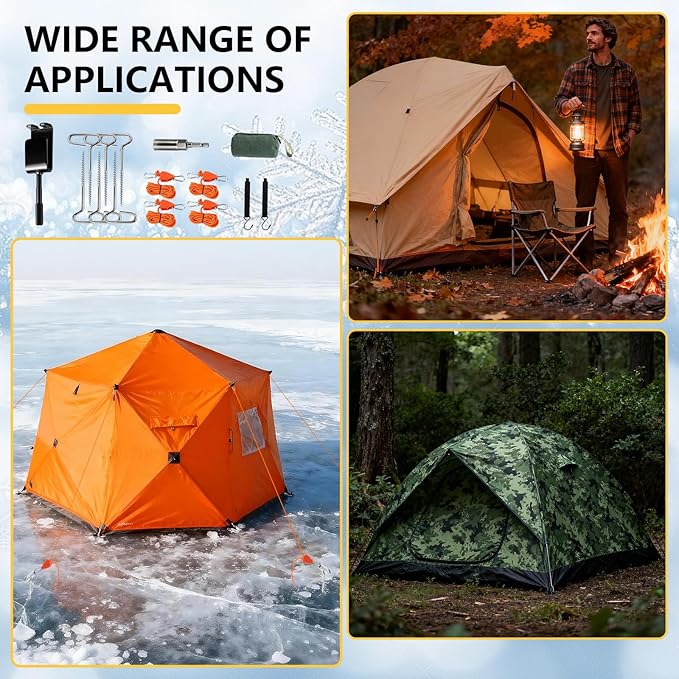 Heavy Duty Ice Anchor Drill Adapter Tool Kit 19Pcs Stainless Steel Tent Stakes Set with 13FT Ratchet Ropes Tent Hooks Canvas Bag for Ice Fishing Shelter Setup (8Pcs Tent Stakes+6Pcs Rope Roller)