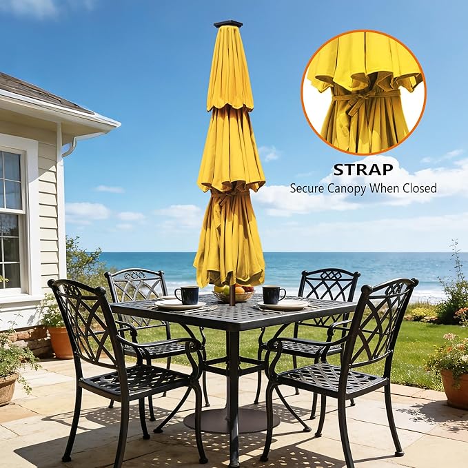 EliteShade USA 10-Year-Non-Fading 10Ft 3 Layers Market Umbrella with 80 LED Lights Patio Umbrella Outdoor Table Umbrella with Ventilation(Sunflower Yellow)
