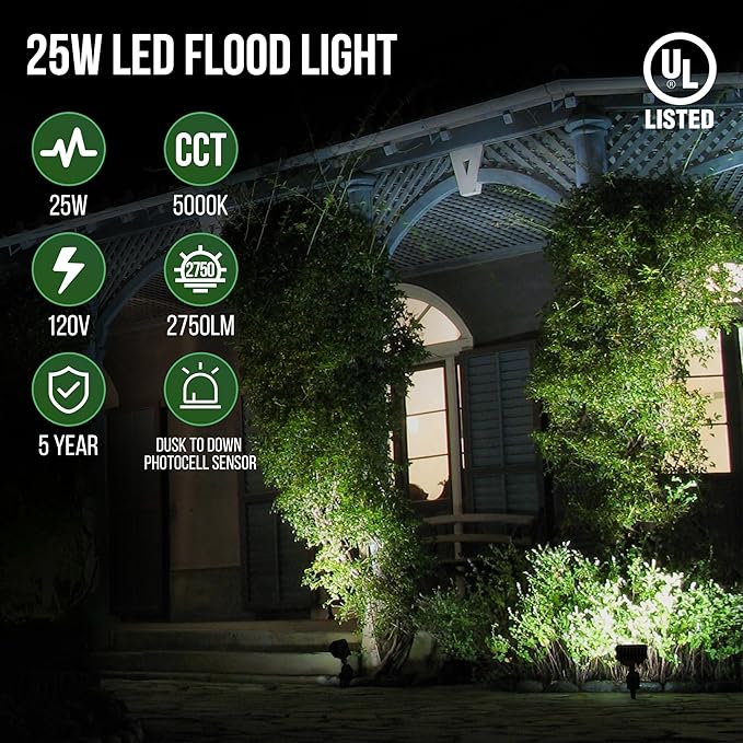 GKOLED 25W LED Flood Lights Outdoor Dusk to Dawn Security Light with Anti-Glare Guard 120V 5000K 2750LM Waterproof Landscape Lighting Aluminum Lighting Fixture 1/2 Knuckle Mount UL Listed