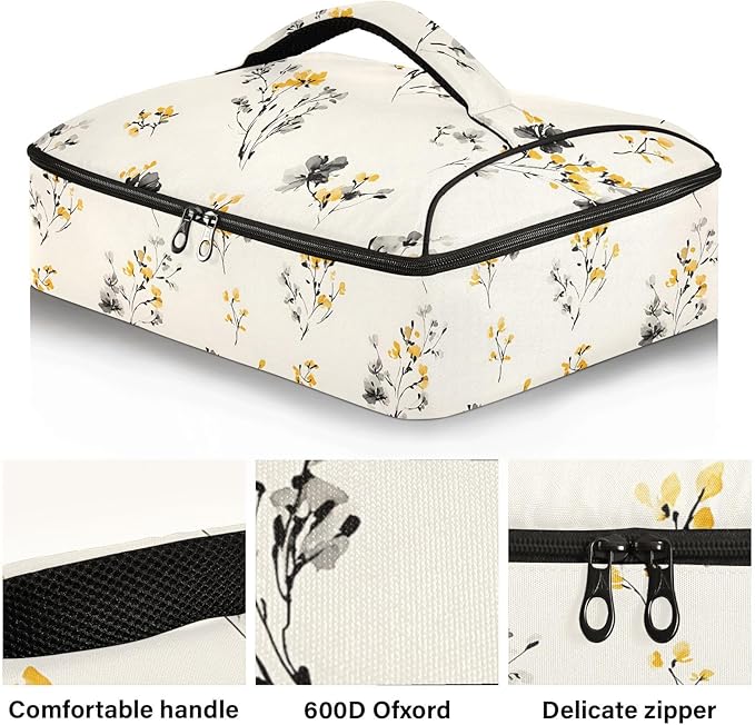 Casserole Carrier Black and Yellow FlowersInsulated Casserole Carrier for Hot or Cold Food Thermal Lunch Tote for Potluck Parties Picnic Beach Fits 9 x 13 Inches Baking Dish