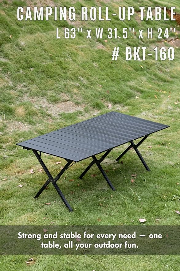 CAMPINGMOON Large Roll-Up Table L 63'' x W 31.5'' x H 24'' Aluminum Folding Portable Camping Outdoor Track Style Design Table BKT-160