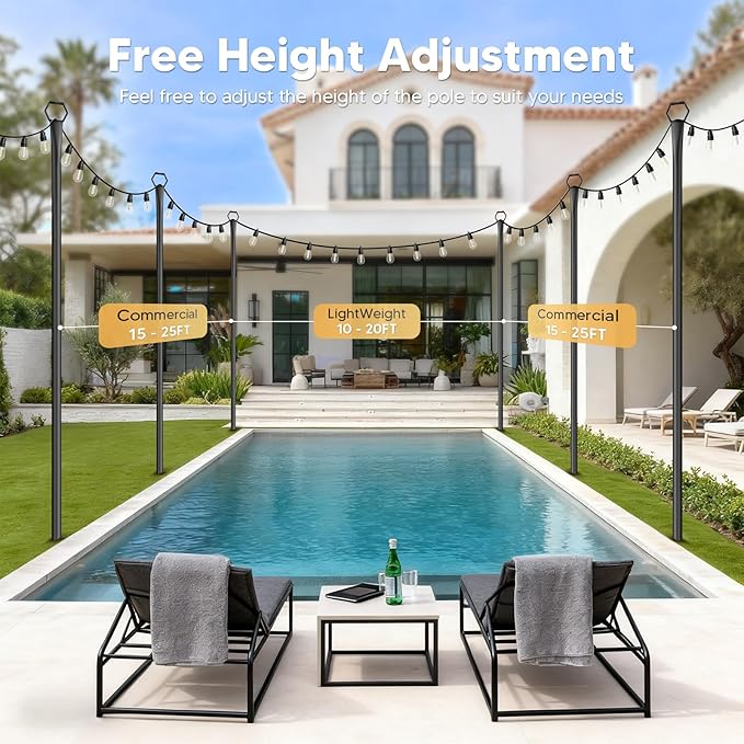 6 Pack String Light Poles for Outside 10Ft Light Poles for Outdoor String Lights Adjustable Outdoor String Light Poles with ForkMetal Fence Post for PatioBackyardDeck