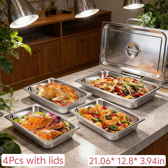 4 Pcs Anti-Jamming Steam Pan with Lids Full-Size x 4-Inch Deep Stainless Steel Steam Table Pan Hotel Pans with Covers Buffet Servers Pan Food Tray Warmer Catering-21.06 * 12.8 * 3.94in