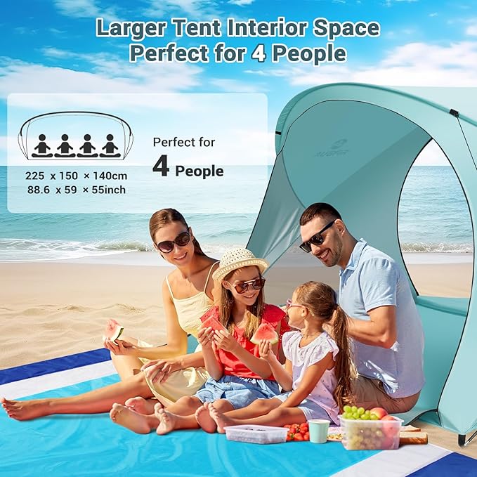 Beach Tent Sun Shelter Beach Tent with Beach Mat Set 4 Person Portable Beach Shade Canopy with UPF 50＋ UV Protection Dual-Door Ventilation Design Easy Setup Family Beach Umbrella (Green)