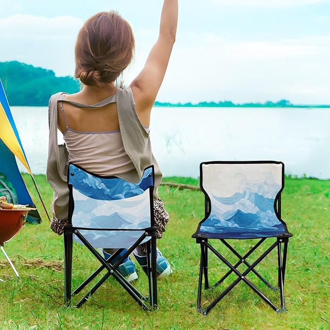 Sea Wave Portable Camping Chairs Folding Chair - Durable Oxford Fabric Lightweight Iron Frame Easy Fold Design - Ideal for Outdoor Activities Camping Fishing and Travel