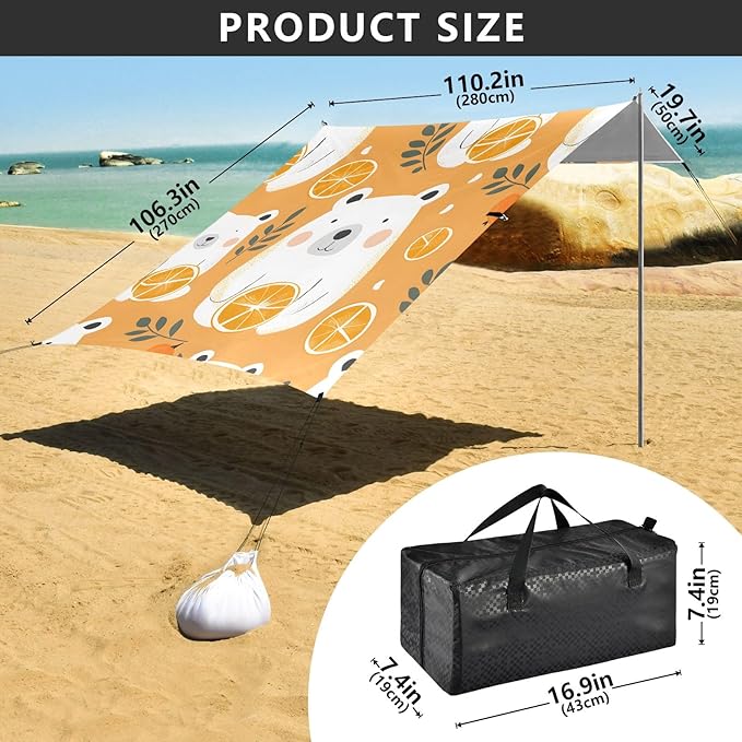 Cartoon White Bear and Orange Camping Sun Shelter Beach Tent Portable Beach Sun Shade Outdoor Canopy for Camping Trips Fishing Picnic