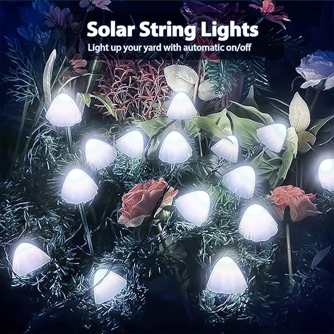 OZS 2PK 32LED 55FT Mushroom Solar Garden Lights Outdoor Solar String Lights Waterproof with 8 Lighting Modes Solar Garden Decor for Outside Pathway Light for Yard Decoration (Cool White)