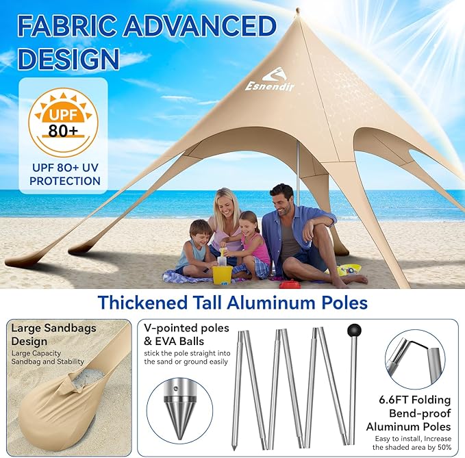 Beach Tent Sun Shelter &amp Portable Beach Canopy UPF 80+ UV Protection Beach Shade Canopy with 6 Sandbags Sand Shovel Ground Pegs for Outdoor Camping Picnics (Beige12x12FT)