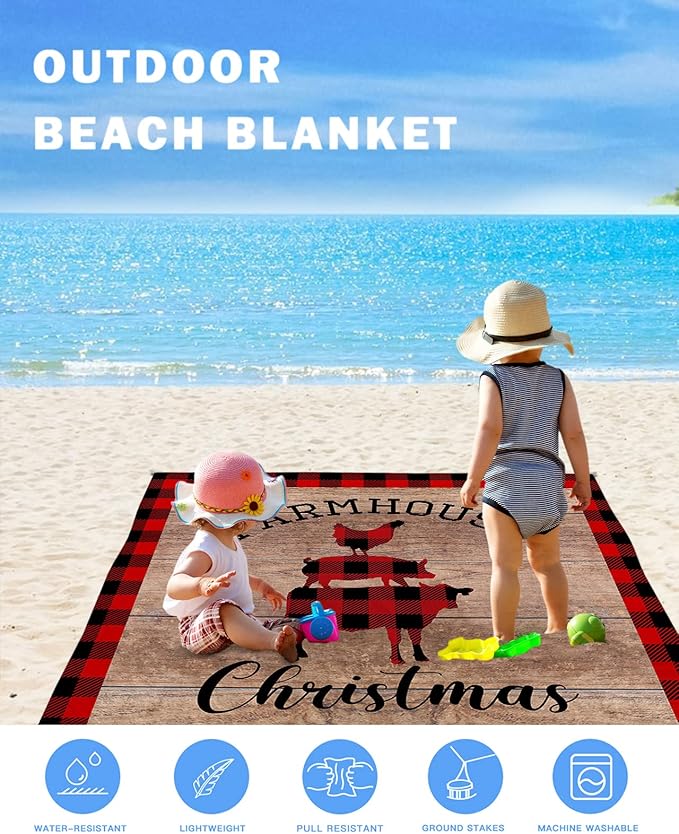 Beach Blanket Waterproof Sandproof Christmas Cow Pig Chicken Farm Animals Quick Drying Beach Mat with 4 Stakes Red Buffalo Plaid Vintage Brown Wood Lightweight Picnic Blanket for Travel 118x108