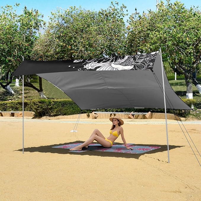 White Flowers Black Beach Tent Sun Shelter 9.2' x 10.5' Beach Canopy with 4 Sandbags 4 Stability Poles Sand Shovels - Tent Canopy for Beach Camping Fishing Picnics