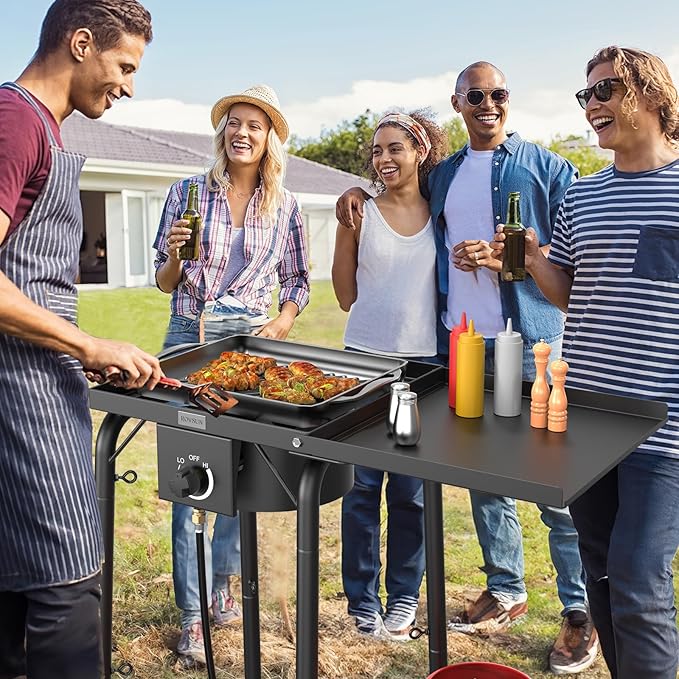 ROVSUN Single Burner Gas Stove with Side Shelf 100000BTU Portable Propane Stove with Removable Leg &amp Regulator for Camping Home Backyard Outdoor Cooking Brewing Canning Turkey Frying