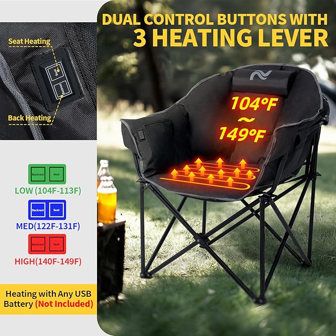 NAIZEA Heated Camping Chair Oversized Heated Folding Outdoor Chair for Adults with 3 Heat Levels Portable Foldable Patio Lounge Chair for Sports Outdoors Camp Battery NOT Included