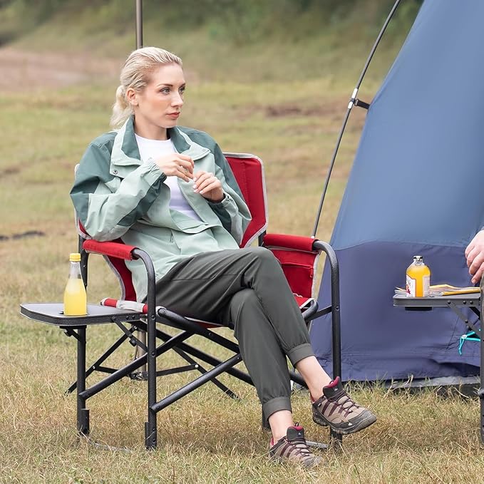 TIMBER RIDGE Lightweight Oversized Camping Chair Aluminum Directors Chair with Side Table for Outdoor Camping Lawn Picnic and Fishing Supports 400lbs Red 2PCS