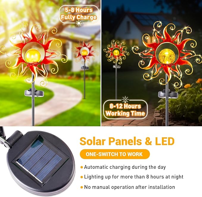Solar Lights Outdoor Waterproof Red Sun Metal Crackle Glass Stake Decorative for OutsideYardLawnPatioWalkway Mothers'Day Gifts Mom Grandma Garden Lover