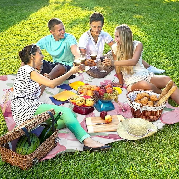 Waterproof Sandproof Beach Blanket 59''×68'' Pink-Hummingbird Polyester Outdoor Picnic Blanket with 4 Stakes &amp Storage Bag for BeachCampingVacation Pink