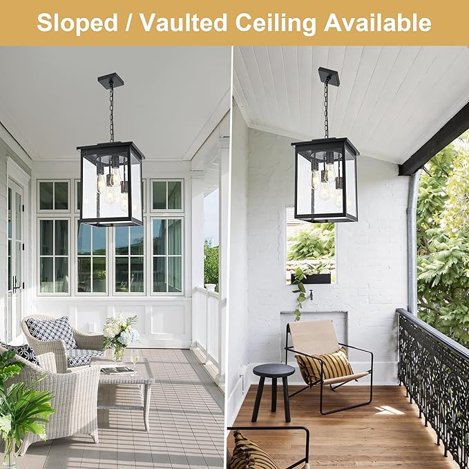 TODOLUZ 4-Lights Large Outdoor Pendant Light Fixture Farmhouse Waterproof Black Porch Hanging Lighting with Adjustable Chain Seeded Glass Panel &amp E26 Bulb Base for Patio Garden Entryway