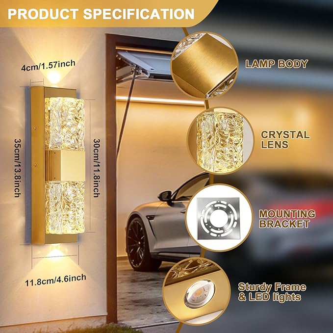 Dusk to Dawn Outdoor Lighting Fixture Wall Mounted - 14.2'' Waterproof Wall Sconce 12W LED Crystal Modern Outside Wall Lamp for Hallway Doorway Porch Patio