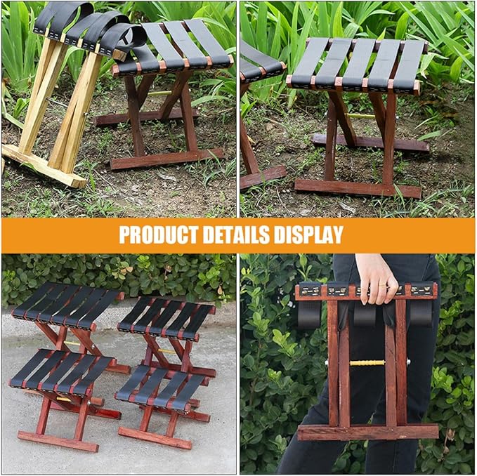 Portable Folding Stool Bench for Camping Stools Adults Solid Wood Compact Fishing Seat Safety Strap for BBQ and Travel