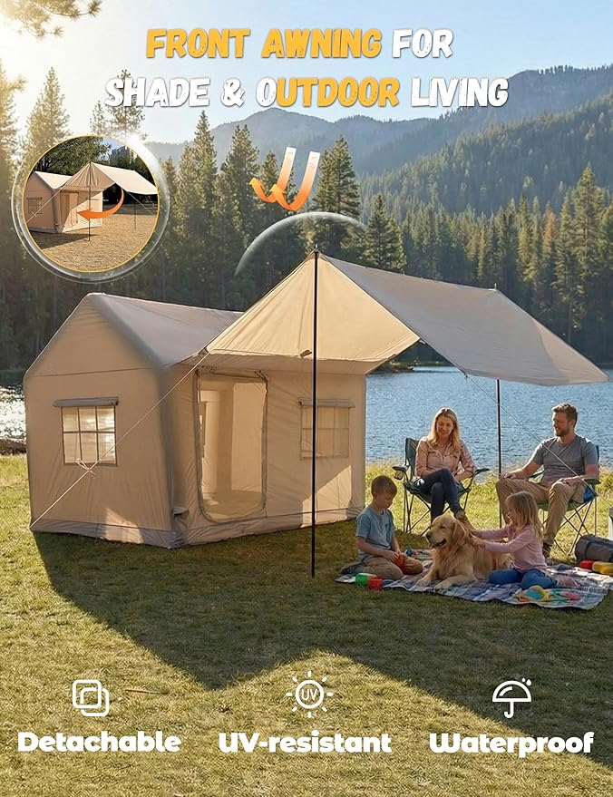 Inflatable Tents for Camping - 6 Person Blow Up Tent with Hand Pump &amp Awning Quick Setup Waterproof Oxford 4 Season Air Glamping Inflatable House for Camping Tent
