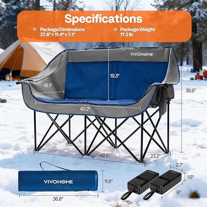 VIVOHOME 45W Padded Heating Double Camping Chair with 2 x 27000mAh Power Bank Heated Oversized Portable Loveseat for Outdoor Sports 3 Levels of Heat Overheat Protection System Navy Blue and Gray