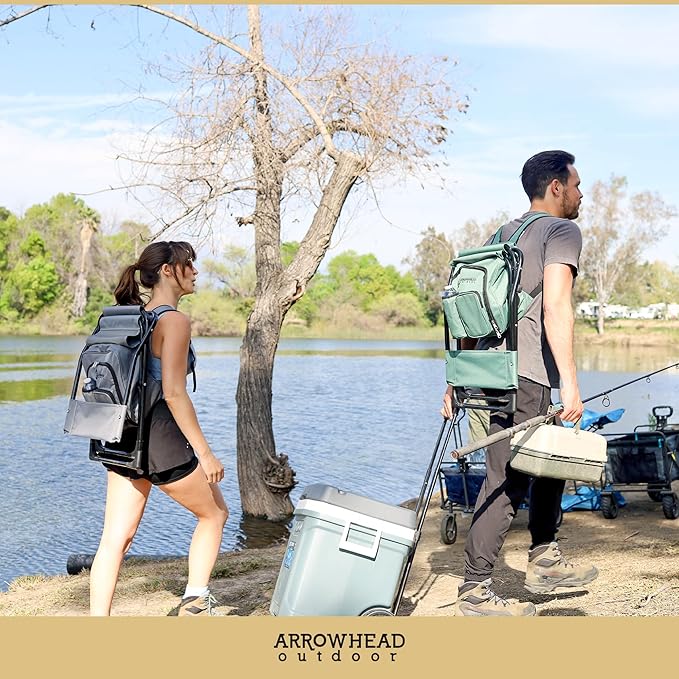 Arrowhead Outdoor Multi-Function 3-in-1 Compact Camp Chair: Backpack Stool &amp Insulated Cooler w/Bottle Holder &amp Storage Bag External Pockets Backrest Fishing Hiking Heavy-Duty USA-Base