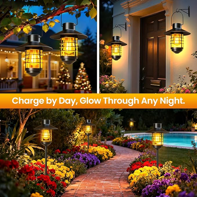 2 Pack Solar Garden Lights with Ground Spikes Solar Powered Pathway Lanterns for Yard Patio Driveway - Decorative Landscape Lighting Gifts for Family Women