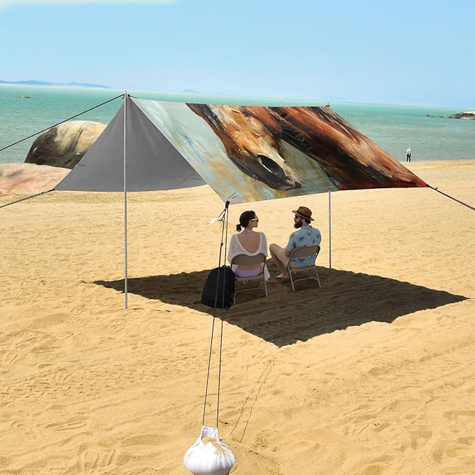 Oil Painting Horse Beach Tent Sun Shelter 9.2' x 10.5' Beach Canopy with 4 Sandbags 4 Stability Poles Sand Shovels - Tent Canopy for Beach Camping Fishing Picnics