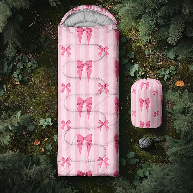 Colorful Bow Sleeping Bag 3 Season Warm Cool Weather Hand Drawn Bow Camping Sleeping Bag for Adult Cute Bowknot Camping Backpacking for Outdoor Traveling Hiking Hunting Gear Equipment