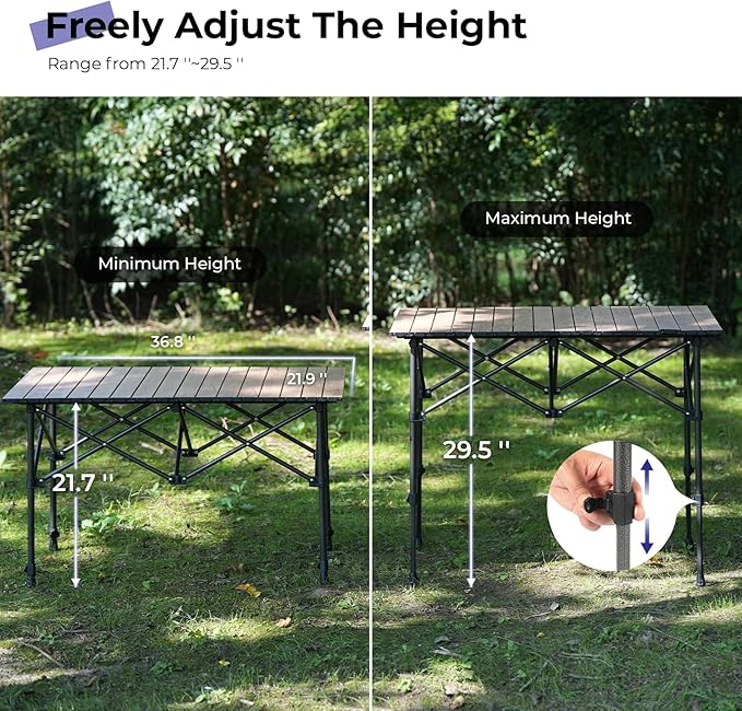 Camping Table Folding Portable Camp Aluminum Fold Up Lightweight Roll Up Table Adjustable Height with Carry Bag Indoor Outdoor for Camping Picnic Backyard BBQ Patio Wood Grain