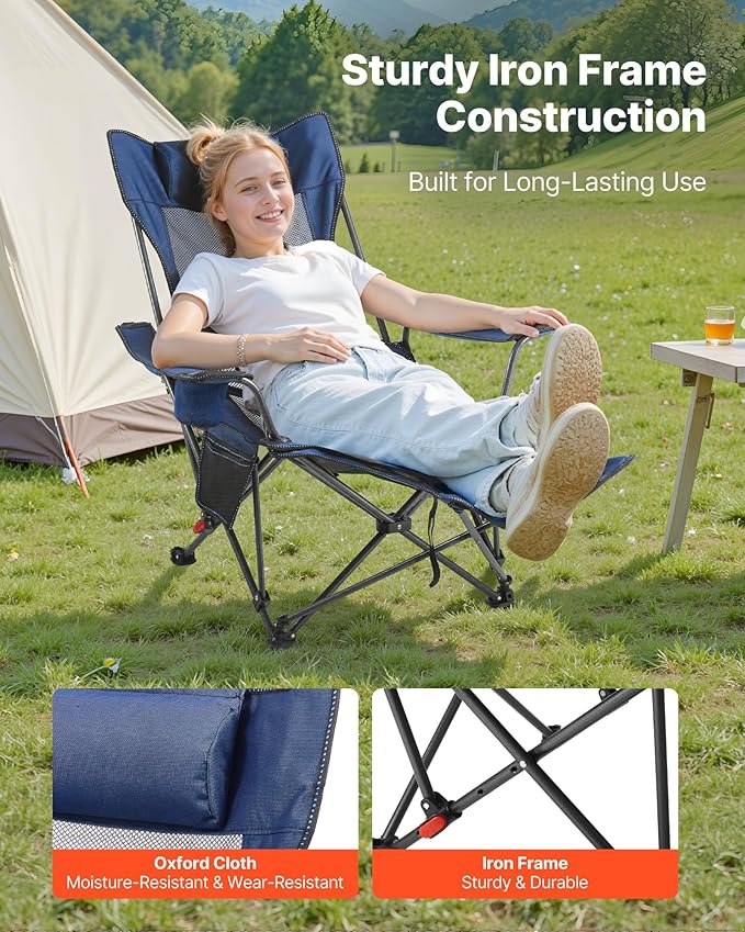 VEVOR Reclining Camping Chair 4 Adjustable Positions Portable Folding Lounger for Adults Mesh Beach Chair with Headrest &amp Foot Rest Supports 220 lbs Heavy Duty Camp Chairs for Patio Blue