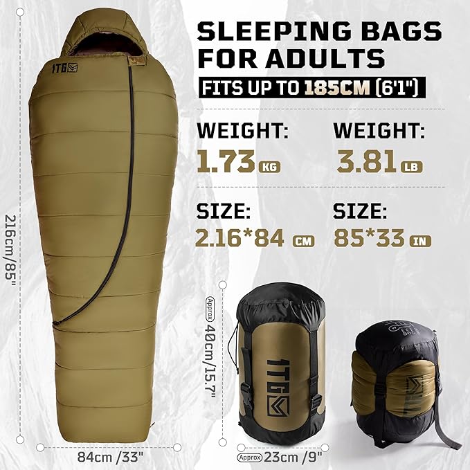 Mummy Sleeping Bag for Adults 25℉-36℉ Cold Weather Backpacking Sleeping Bag Lightweight 3-4 Season Winter Camp Bag with Adjustable Hood &amp Compression Sack Machine Washable