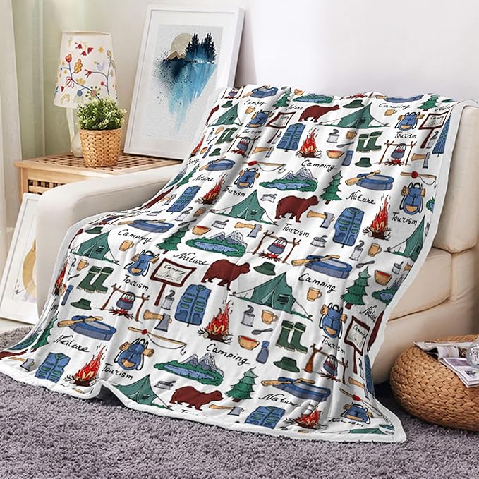 Camper Throw Blanket RV Camper Accessories for Travel Trailers Throw Blanket Flannel Camping Soft Warm Cozy Throws Cover for Couch Chair Sofa Bed Outdoor Inside Travel Decor