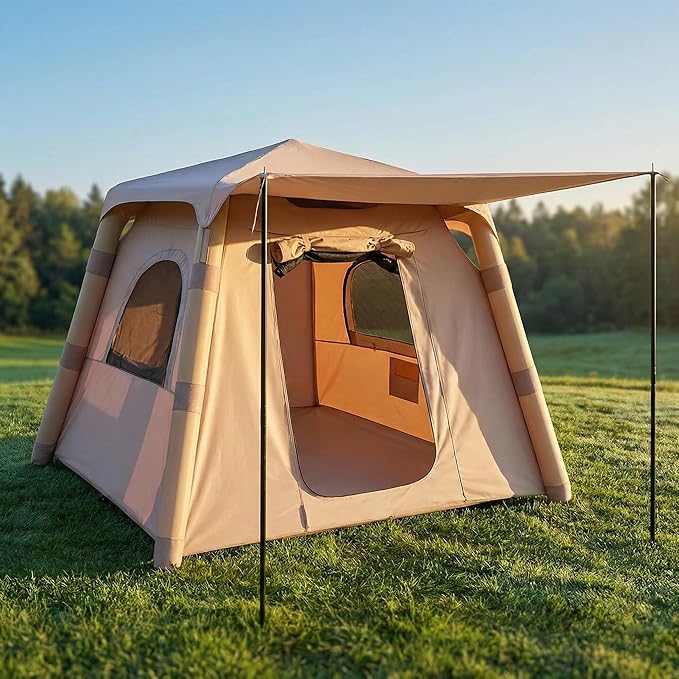 Inflatable Camping Tent for 3-4 Person Easy 2-Min Setup Luxury Air Tent Waterproof PU3000 &amp UPF 50+ Sun Protection Heavy Duty 300D Oxford Glamping Tent with Awning &amp Mesh Windows