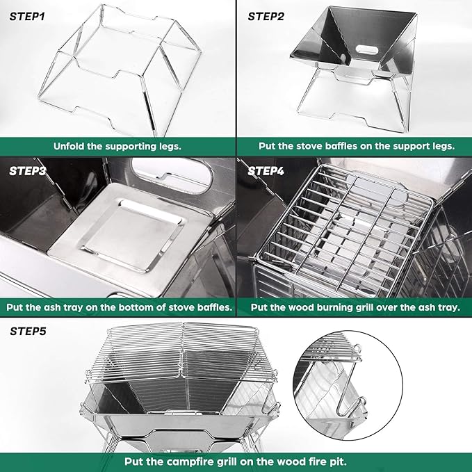 Odoland Folding Campfire Grill 304 Stainless Steel Grate Barbeque Grill Portable Camping Grill with Legs for Picnics Backpacking Outdoor with Carrying Bag and Kitchen Tongs