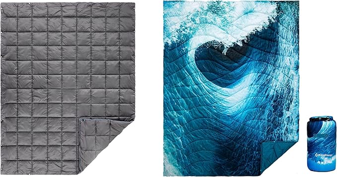 KingCamp 2 Pack Ultralight Camping Blankets Packable Down Alternative Puffy Wearable Quilts with Snap Buttons Weatherproof for Outdoor Travel Hiking &amp Stadium (69x53 Charcoal + 79x57 Seawav