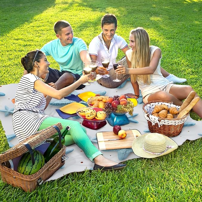 Waterproof Sandproof Beach Blanket 59''×68'' Starfish Polyester Outdoor Picnic Blanket with 4 Stakes &amp Storage Bag for BeachCampingVacation Light Blue