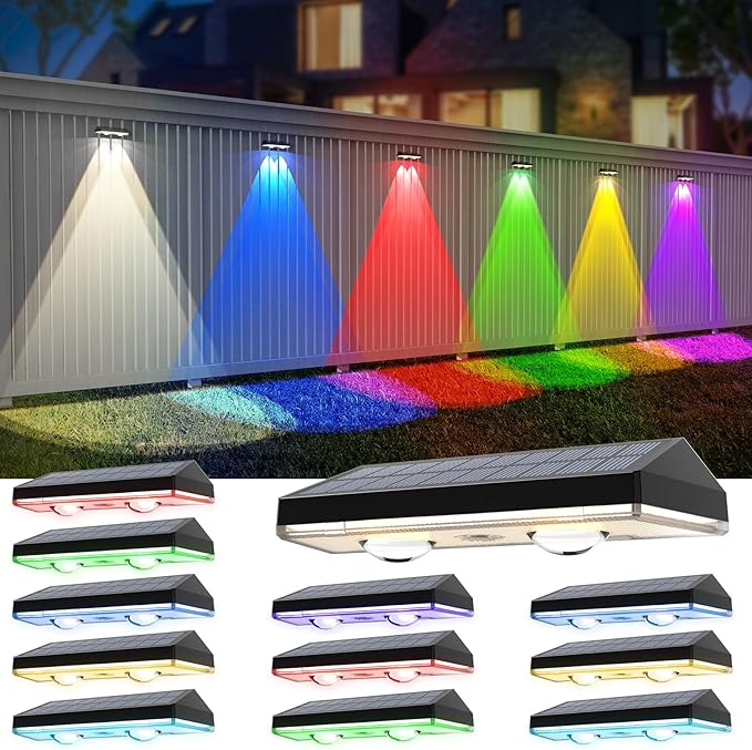 Solar Fence Lights RGB &amp Warm White &amp 6 Colors Bright Lens LED Dusk to Dawn Deck Light Fence Solar Lights Outdoor Waterproof Solar Outdoor Lights for Backyard/Railing/Wall/Step/Patio/Pool (