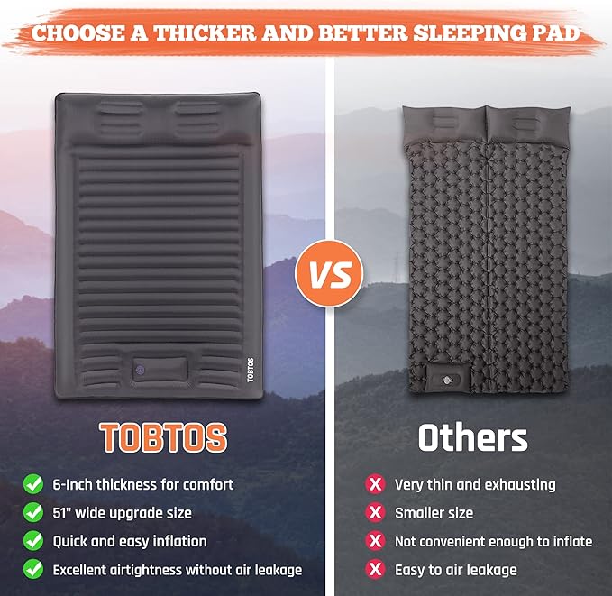 TOBTOS Double Sleeping Pad for Camping Extra Thick 6 Camping Mattress 2 Person with Pillow Built-in Foot Pump Inflatable Sleeping Mat for Camp Backpacking Hiking Traveling