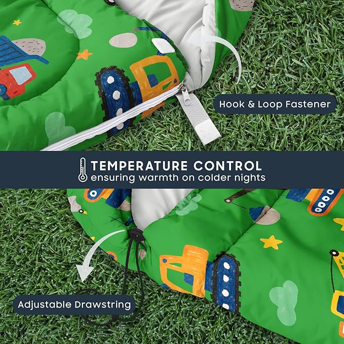 Wake In Cloud - Construction Car Kids Sleeping Bag for Boys Toddlers Camping in Warm Cold Weather Backpacking Lightweight Compact Outdoor Liner for 3 Seasons Summer Spring Fall