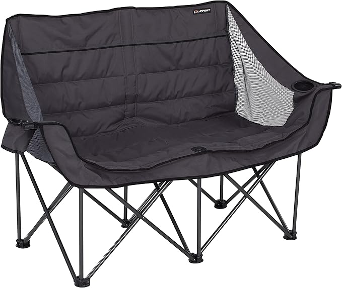 Lippert Campfire Folding Loveseat with 500-lb. Weight Capacity Carry Bag Durable Mesh Fabrics High-Loft Cushioning Storage Pocket Dual Cupholders Stemmed Wine Glass Holder (Grey) - 2021000206