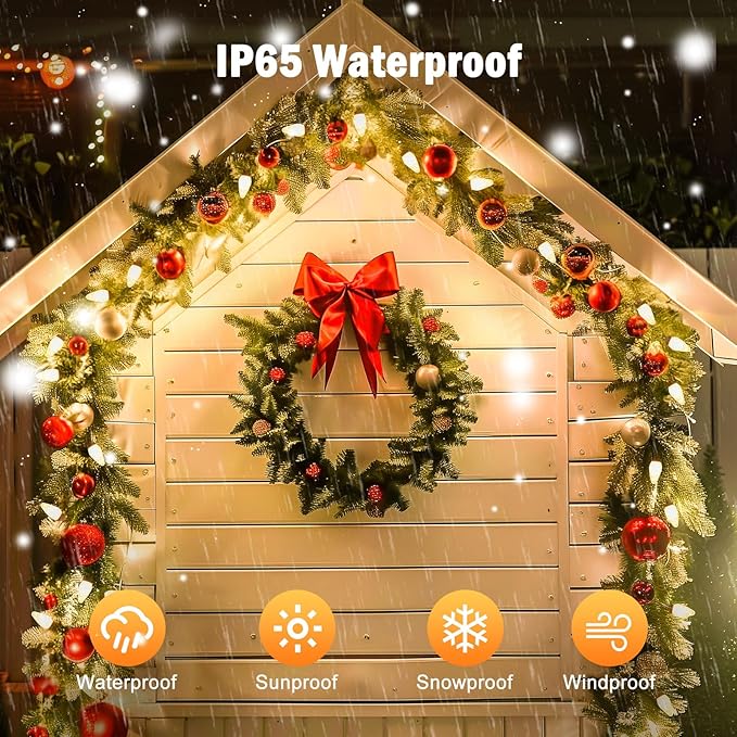 Minetom 147 FT 200 LED C9 LED Christmas Lights Outdoor - Plug in Fairy Lights with Timer &amp 8 Modes Waterproof Commercial Grade Extendable for Indoor Outdoor Roofline Patio Yard Xmas Decor Warm W