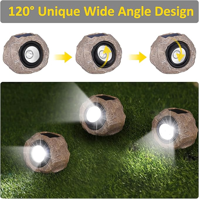 2 Pack Solar Rock Lights Outdoor Angle Adjustable Solar Lights Outdoor Waterproof LED Solar Garden Lights Auto On/Off Landscape Lighting for Yard Pathway Patio Flower Bed - White Glow (Stone Brown)