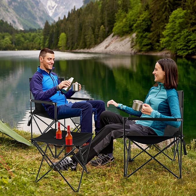 Giantex Camping Chair and Table Set - 3 Pack Folding Beach Chair with Side Table 2 Cup Holders Storage Pockets Carrying Bag 400 lbs Capacity Hammock Camping Chair for Fishing Hiking Picnic BBQ