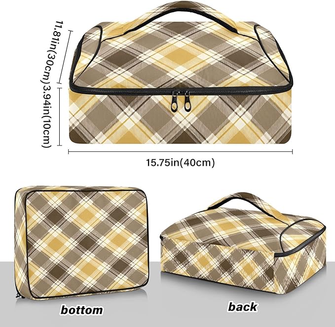 Casserole Carrier Pattern Yellow Brown Tartan Insulated Casserole Carrier for Hot or Cold Food Thermal Lunch Tote for Parties Picnic Travel Carry Bag