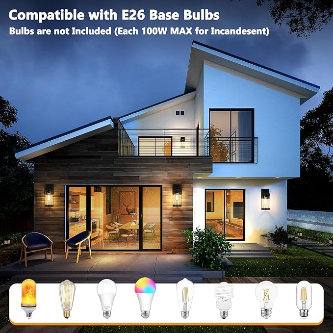 Brightever Outdoor Wall Light Fixtures Waterproof Matte Black Exterior Wall Lantern Sconce Porch Lights Outside Lighting with Clear Ribbed Glass for House Garage Front Door 2-Pack